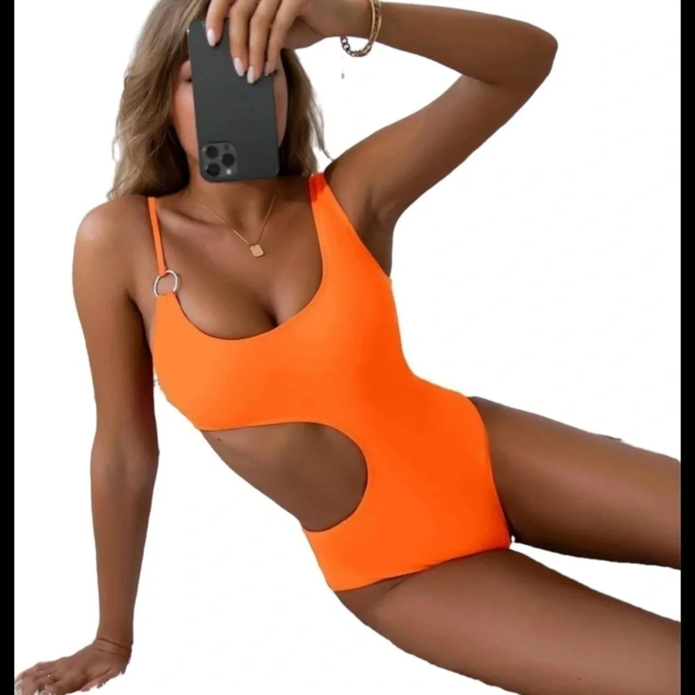 Women's One-Pieces Plain Sexy Swimsuit Asymmetrical Neck Orange XL